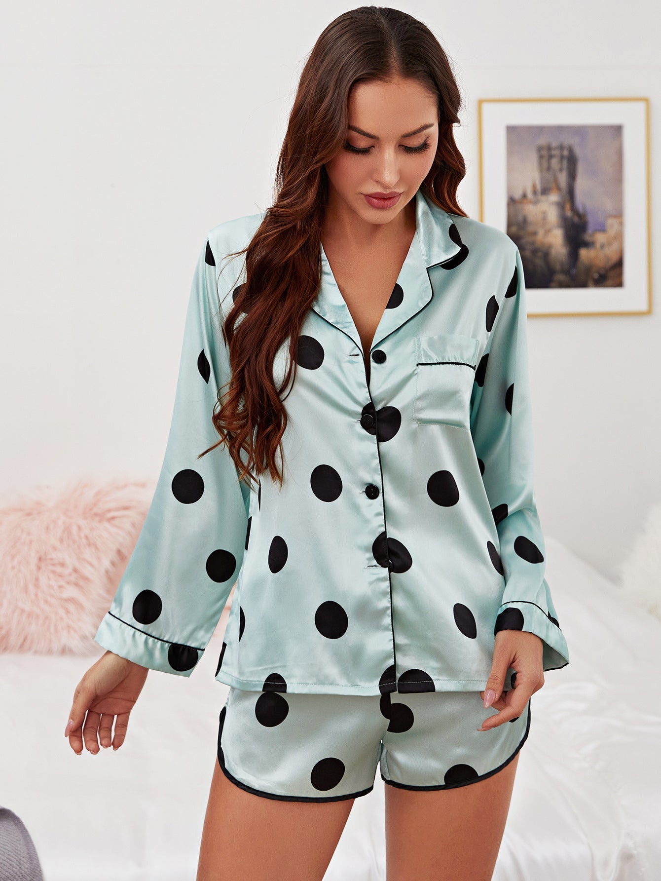 Baby Pink with Large Black Polka Dots Pajama Set - THEONE APPAREL