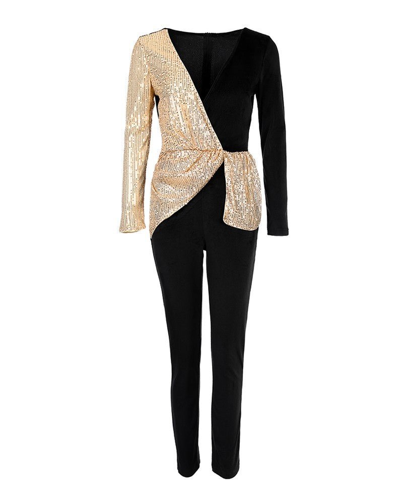 Black and Gold Asymmetrical Body Suit with Skinny Pants - THEONE APPAREL