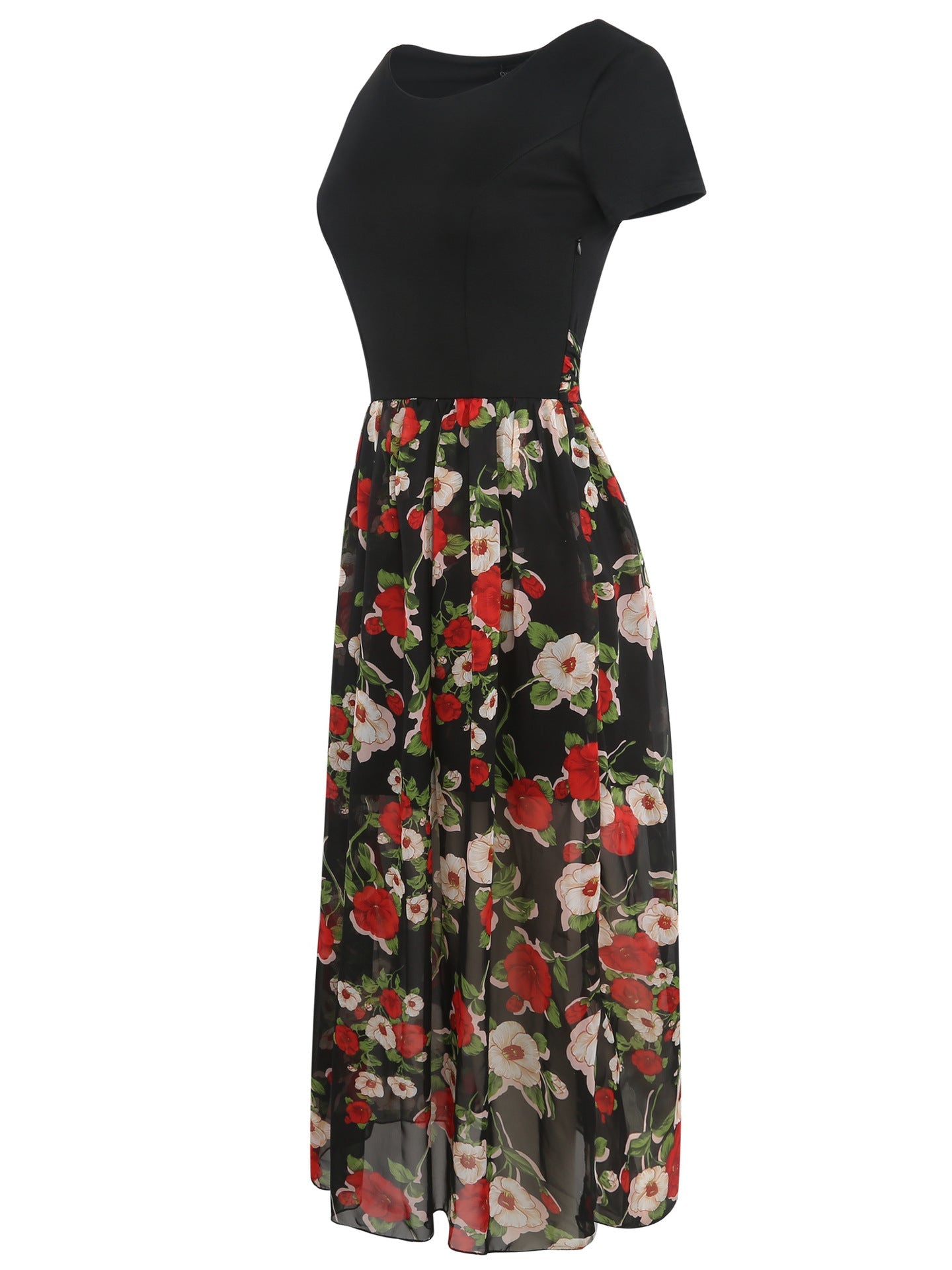 Black Floral Contrast Sheer-Hem Skirt - THEONE APPAREL