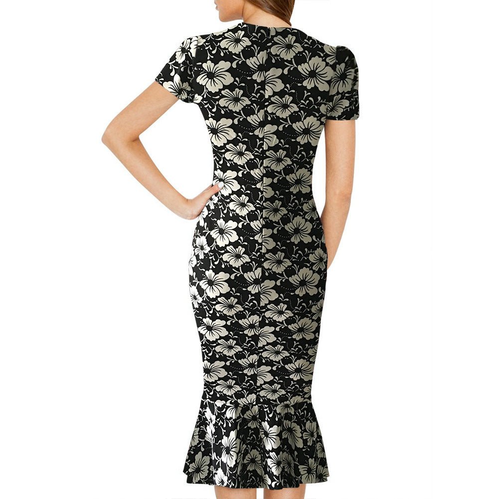 Black & White Floral Ruffle-Hem Dress - THEONE APPAREL