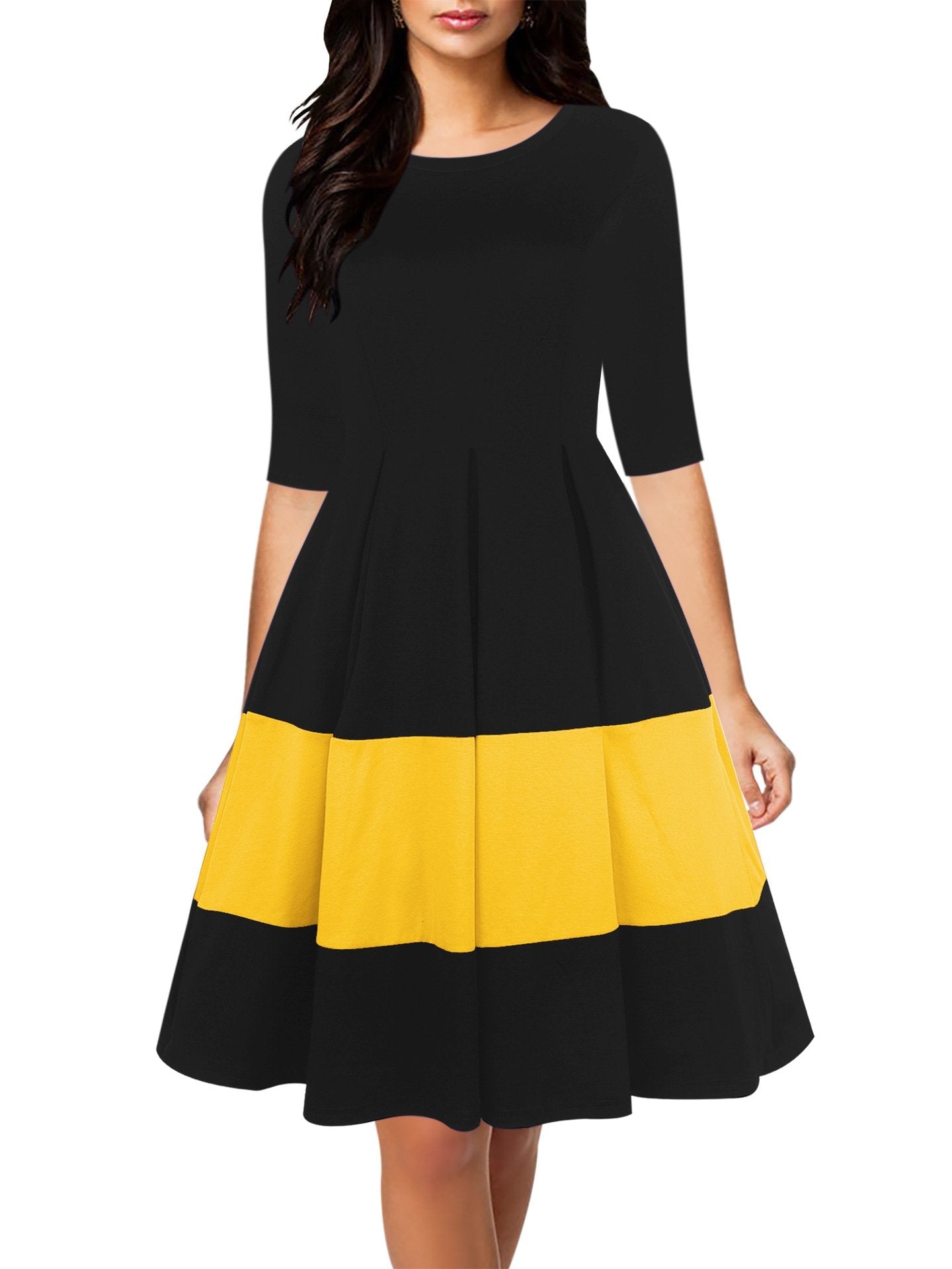 Box Pleated Half-Sleeve A-Line Dress - THEONE APPAREL