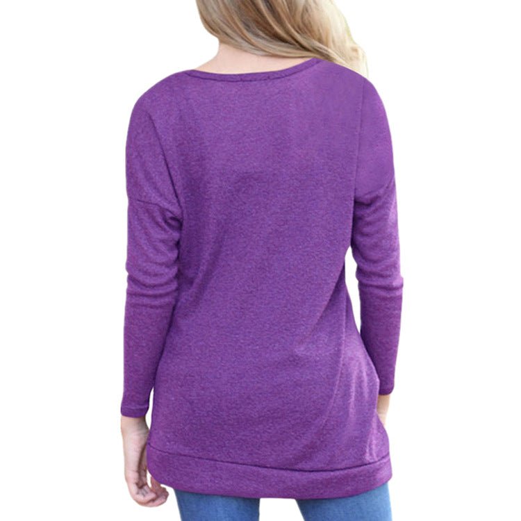 Button-Accent Crewneck Long-Sleeve Knit Top - THEONE APPAREL