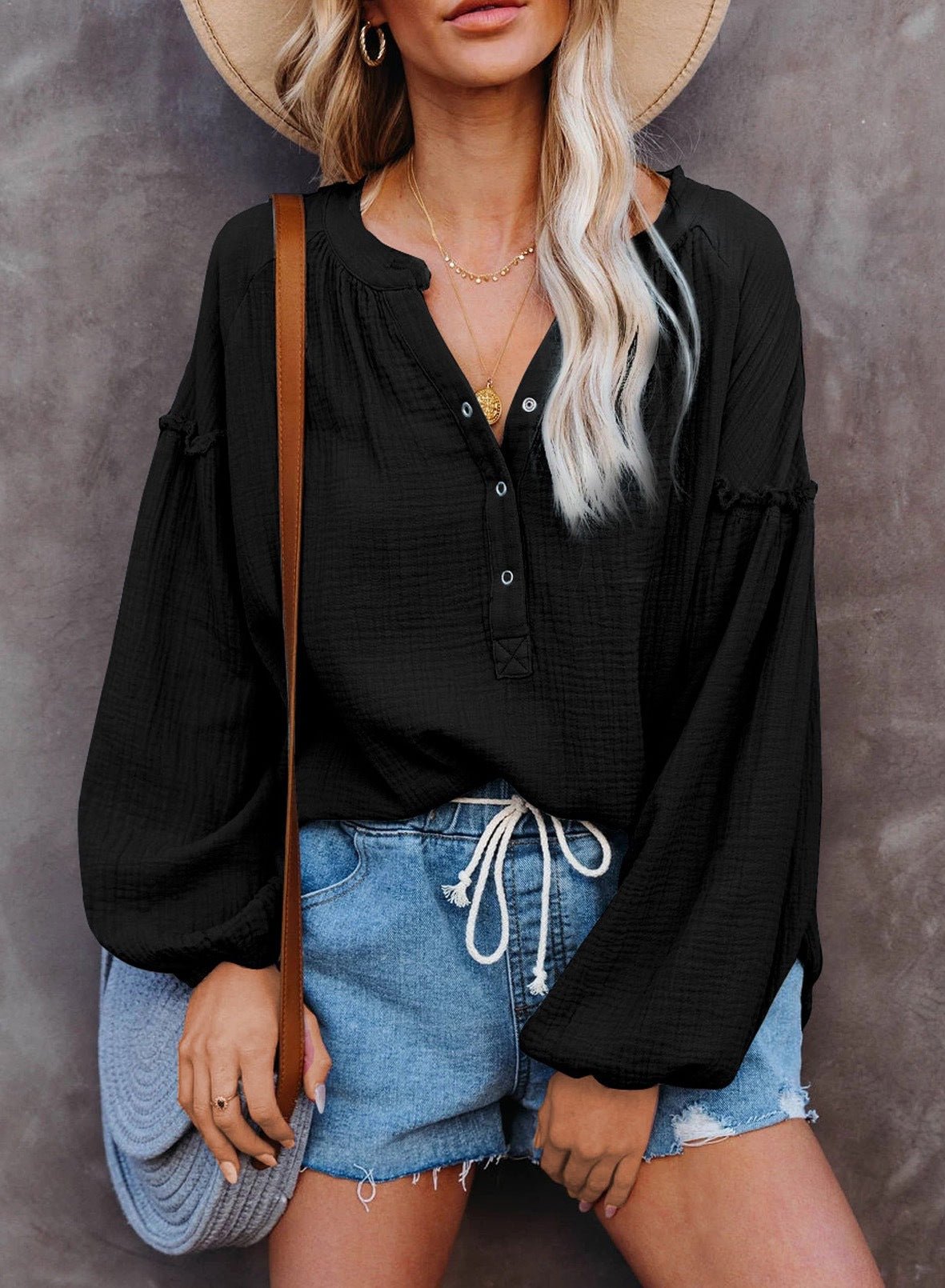 Button Up V-Neck Long Loose Sleeved Top - THEONE APPAREL