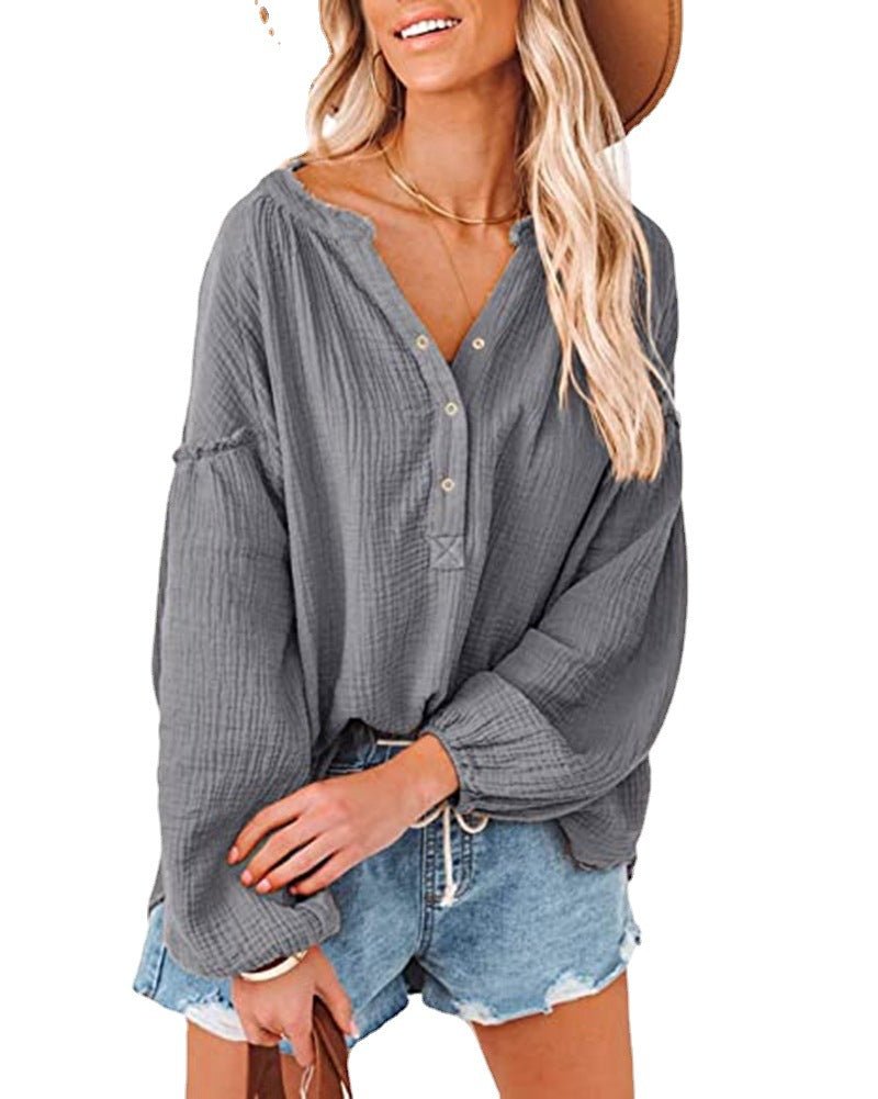 Button Up V-Neck Long Loose Sleeved Top - THEONE APPAREL