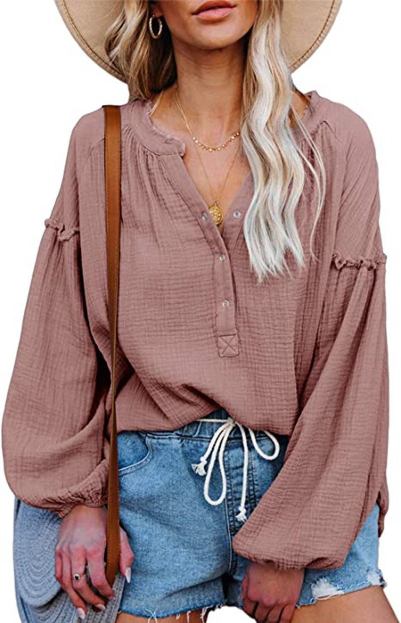 Button Up V-Neck Long Loose Sleeved Top - THEONE APPAREL