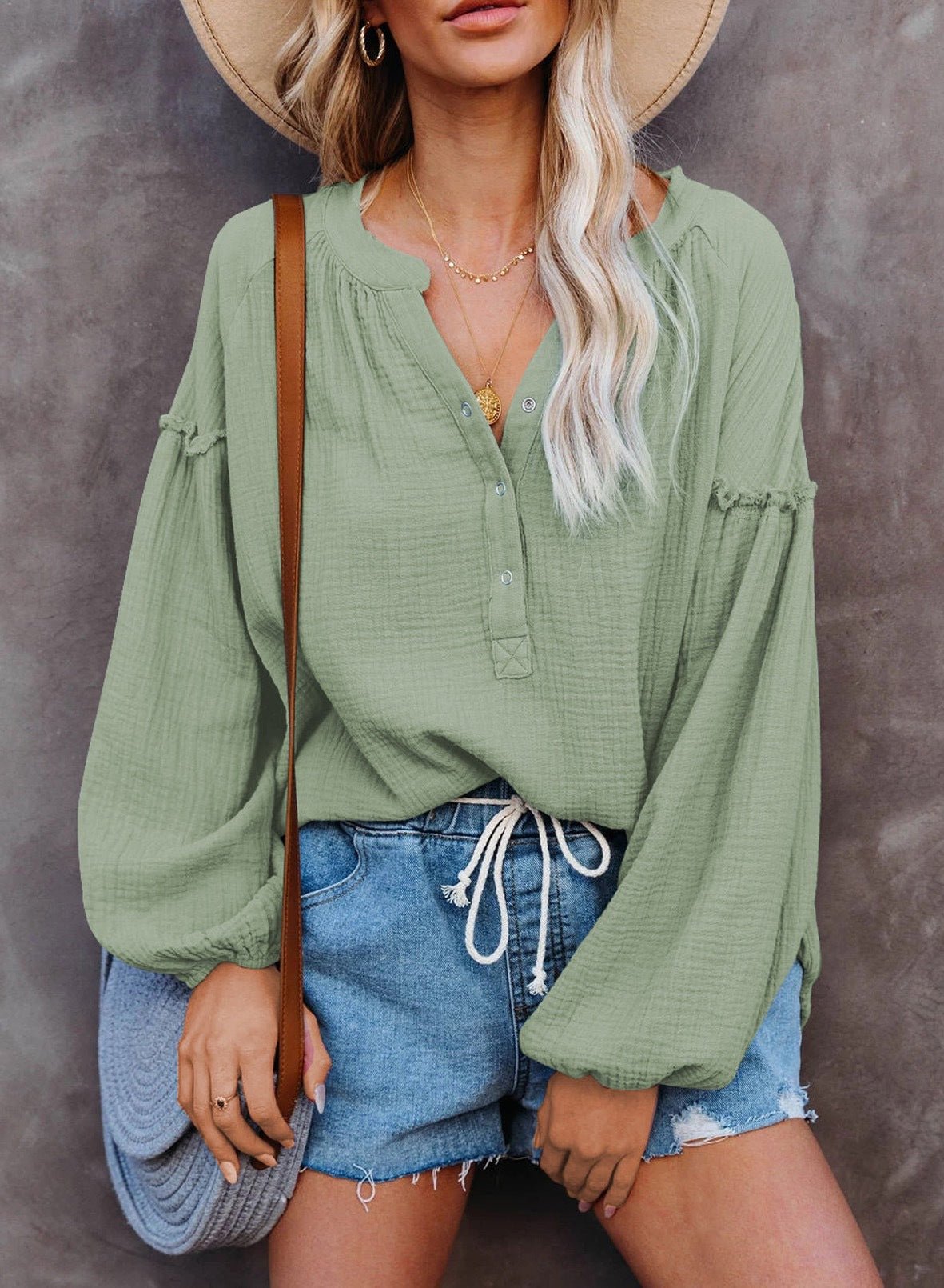 Button Up V-Neck Long Loose Sleeved Top - THEONE APPAREL