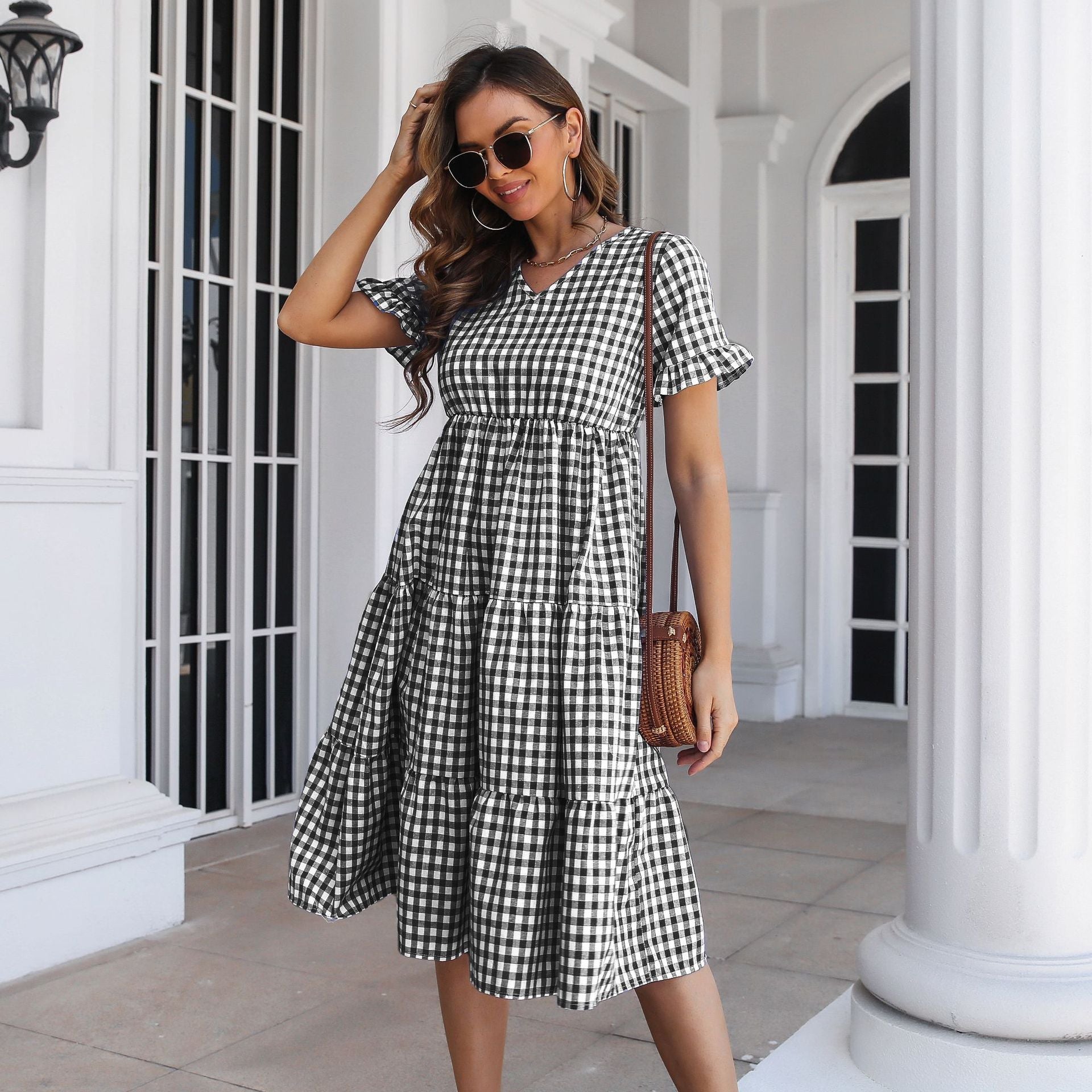 Checked Midi Dress with Tiered Skirt and Short Sleeves - THEONE APPAREL